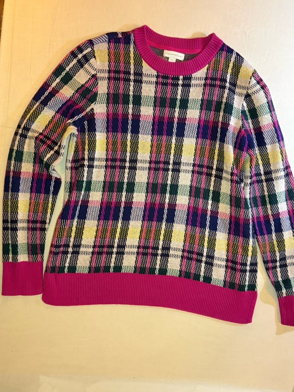 Plaid Crewneck Sweater in Pink Multi